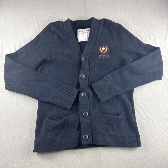Abercrombie Fitch Cardigan Varsity Sweater Men M Blue Button Up Sweatshirt Crest